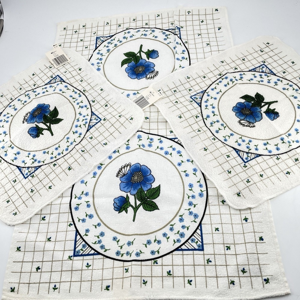Mid Century Cotton Kitchen Towels White Royal Blue Floral x3 Kmart Vintage Tags